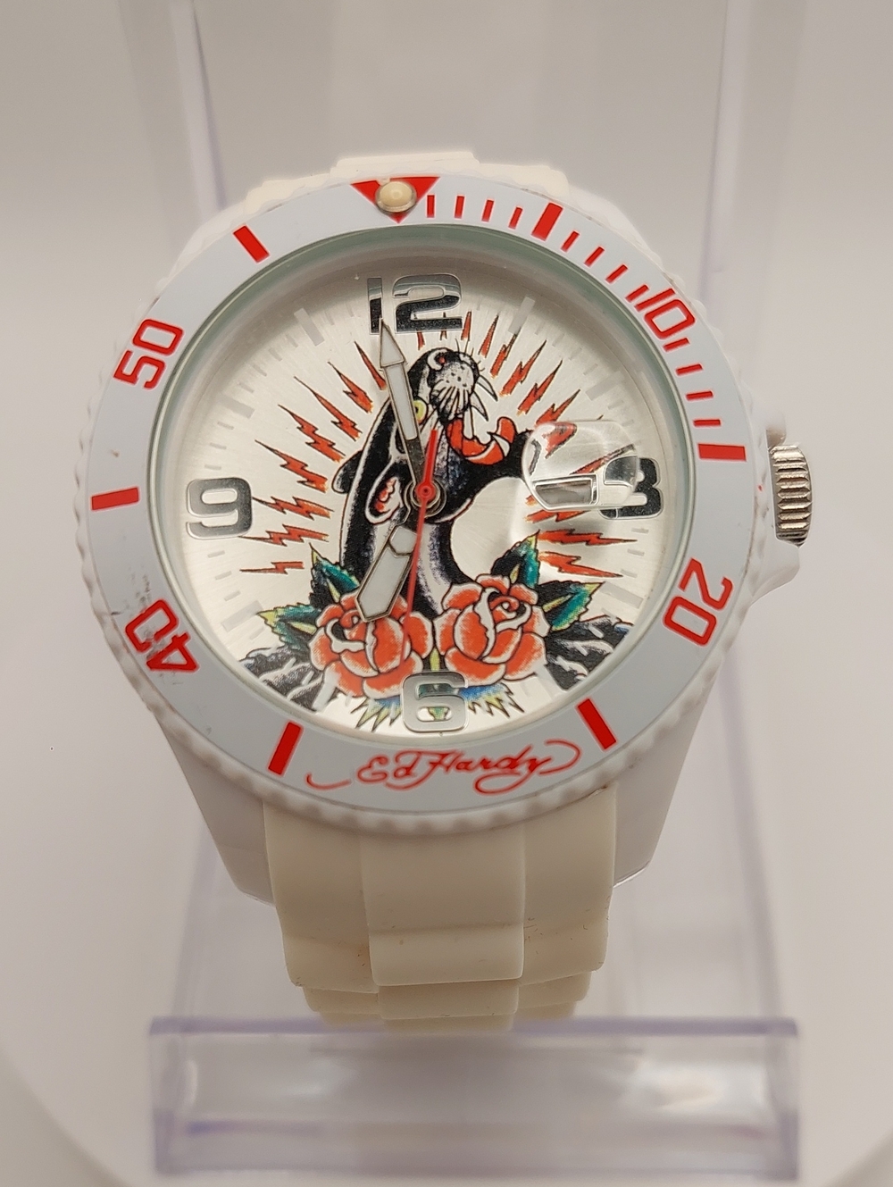 Ed Hardy White Watch Panther Roses new battery NOS plastic backing still on
